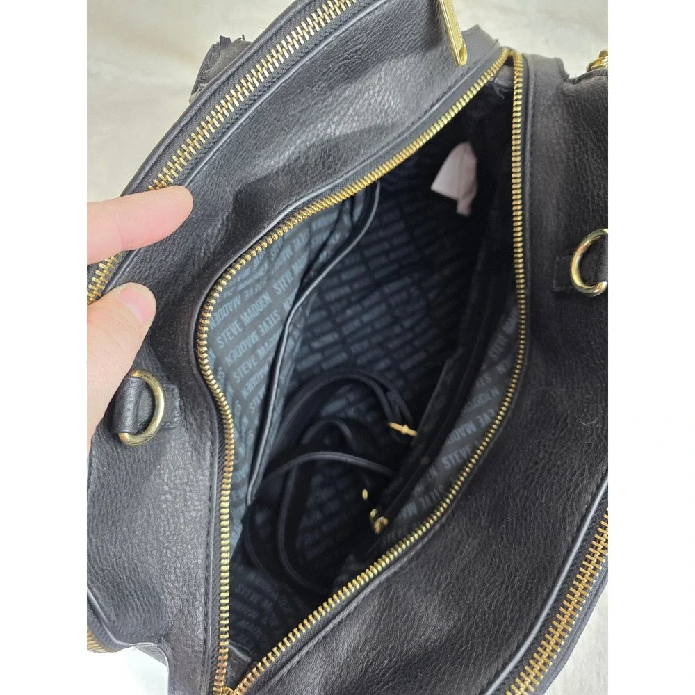 Steve Madden Black Faux Leather Dome Satchel Handbag With Gold‎ Hardware